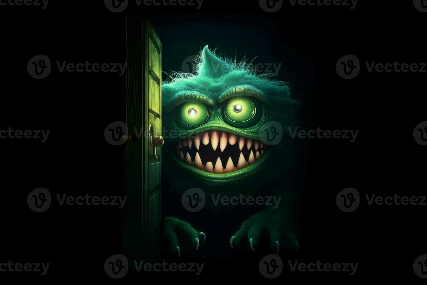 Night scary green monster open the door. Generate ai photo