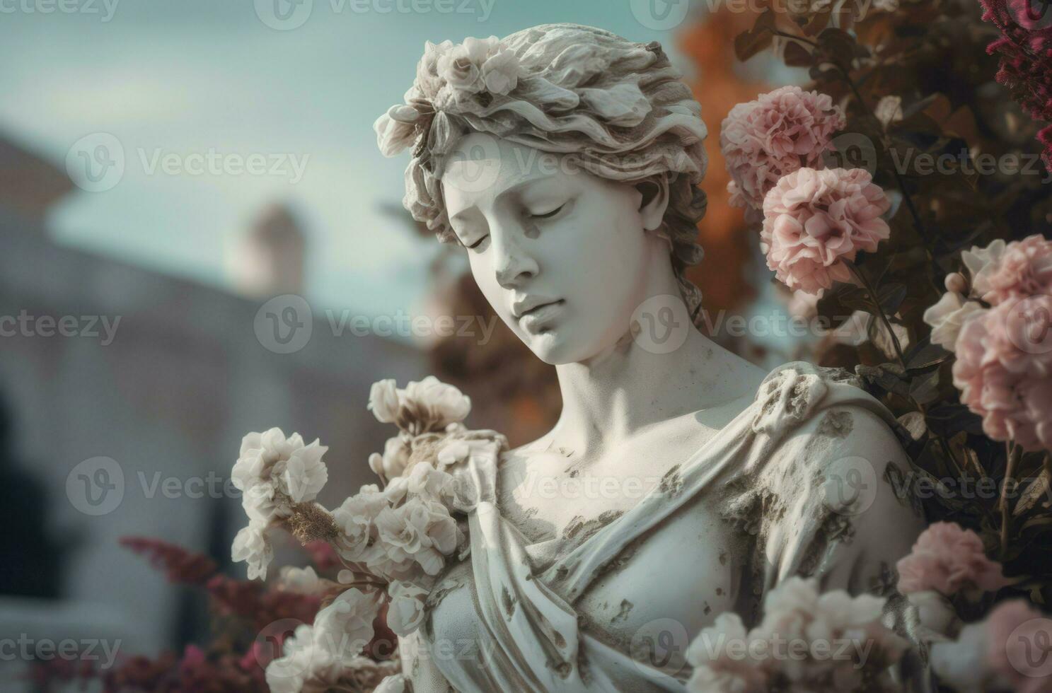 Antique woman statue among blossoming flowers. Generate ai photo