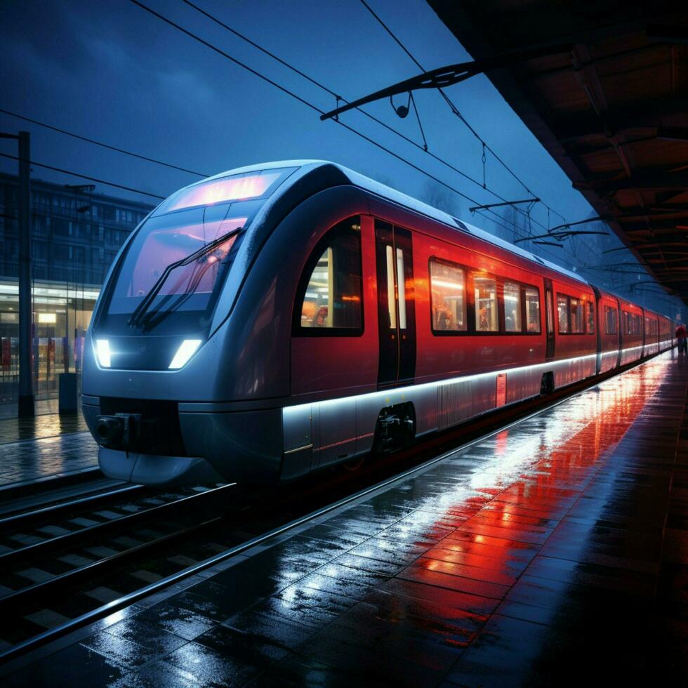 panorámico noche escena plataforma da la bienvenida moderno tren a bullicioso estación ver para social medios de comunicación enviar Talla ai generado foto