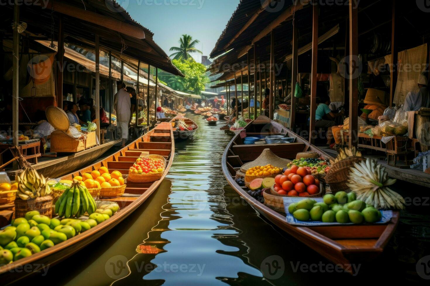 Aromatic Floating food market river. Generate Ai photo