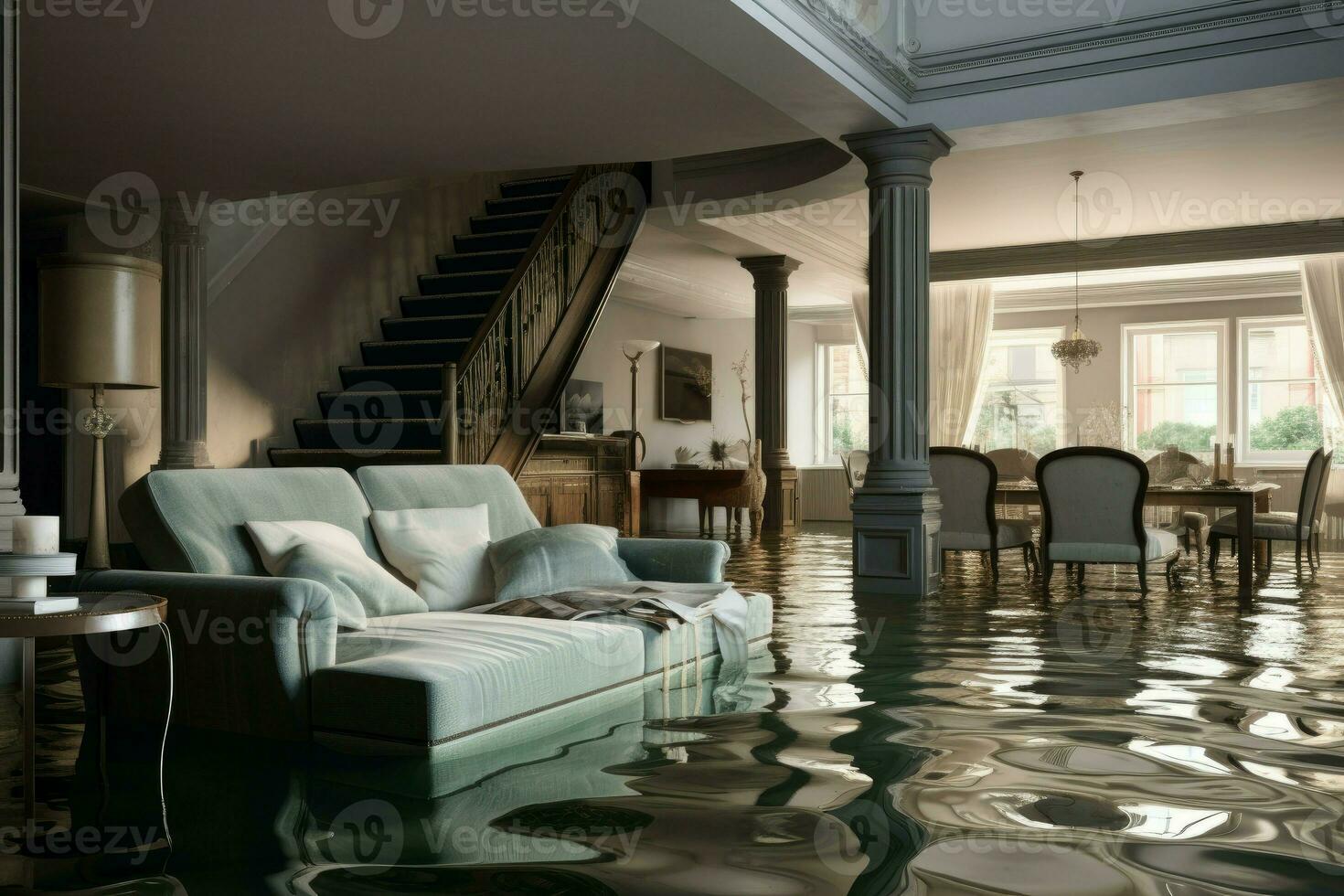 Congested Flooded flat interior room. Generate Ai photo