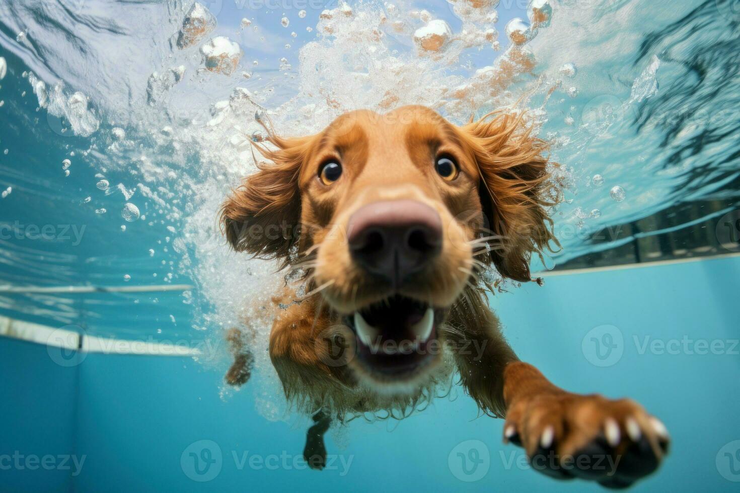 Refreshing Dog swimming pool vacation. Generate Ai photo