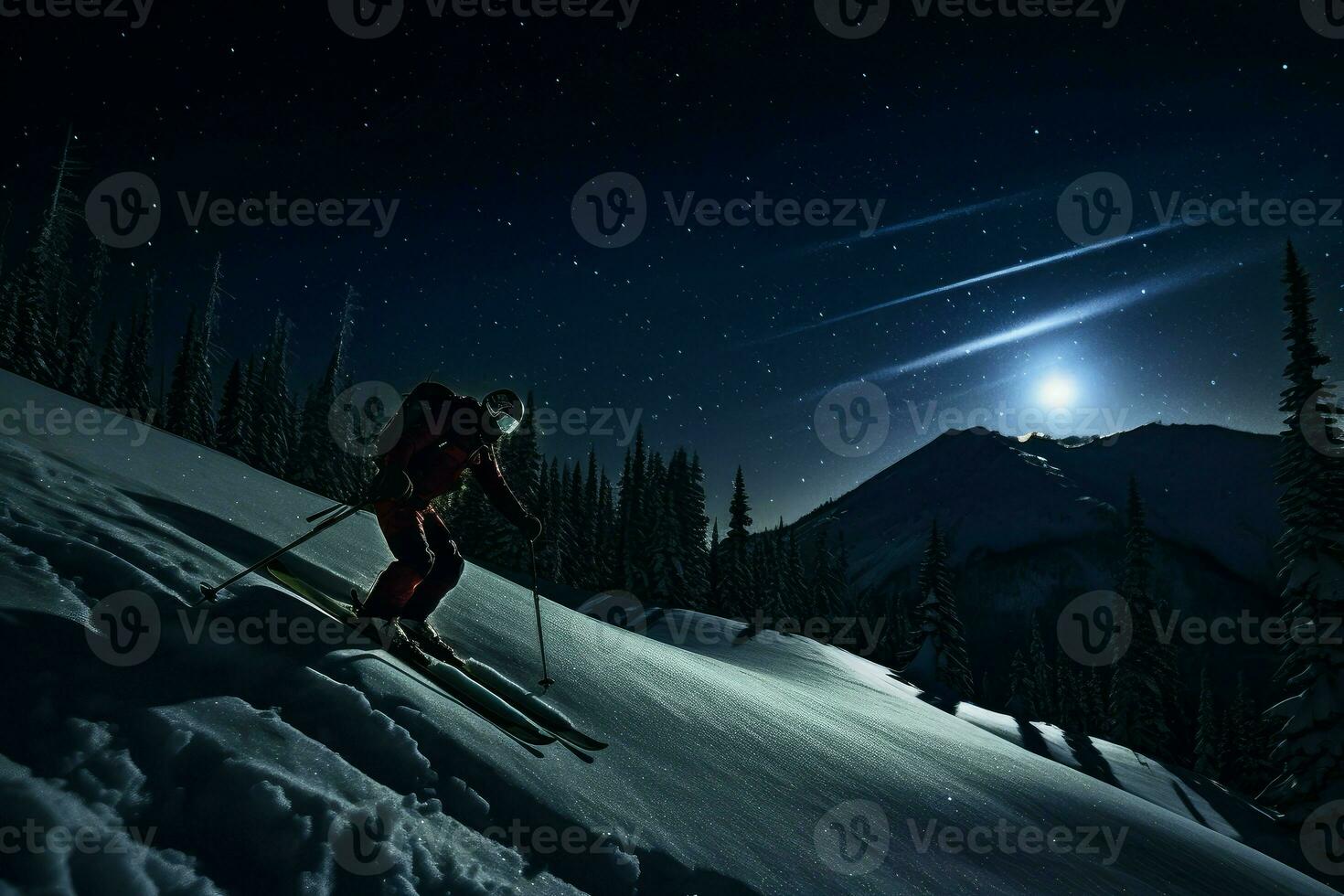 Midnight skiing in mountains valley. Generate Ai photo