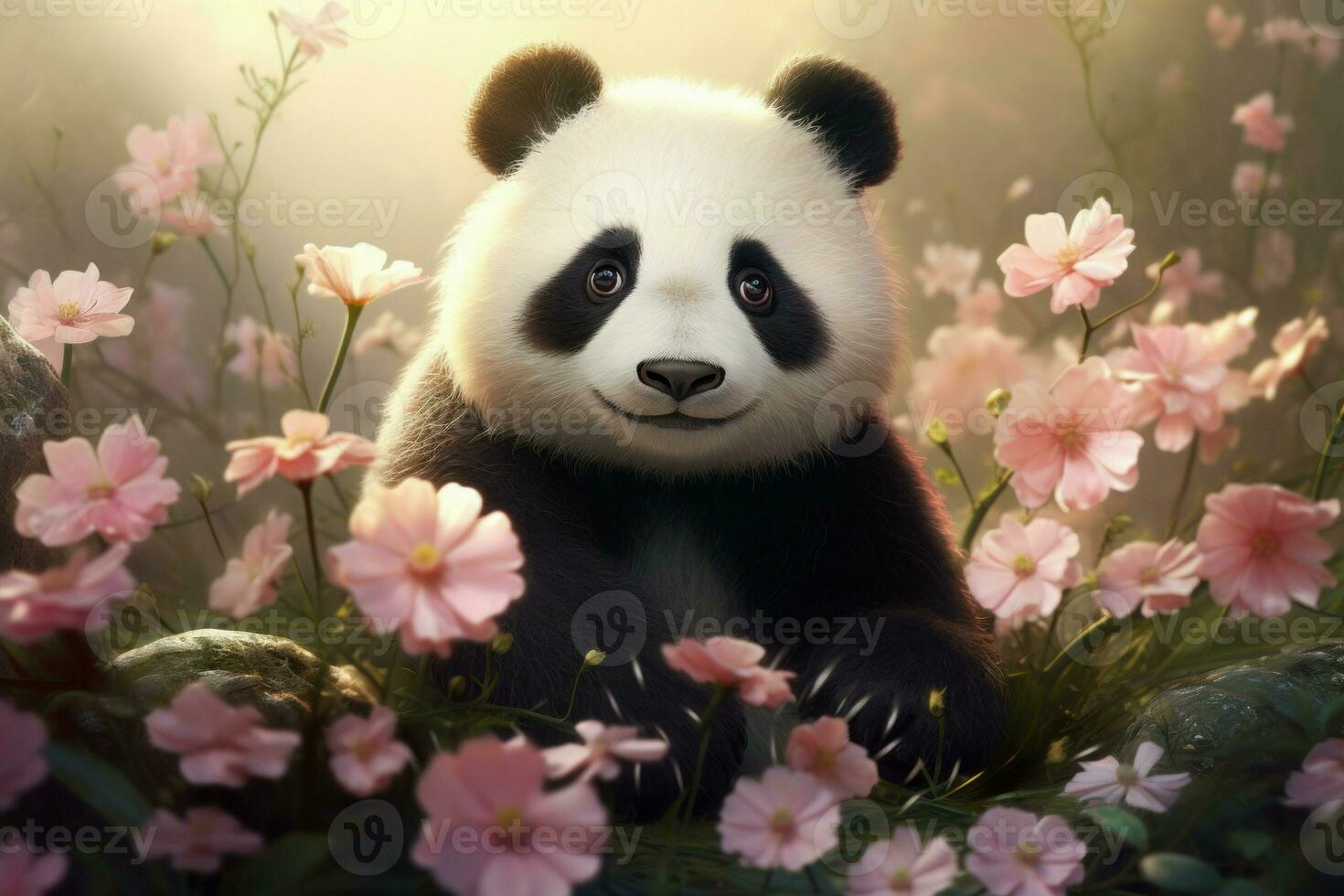 Soft Cute baby panda flowers. Generate Ai photo