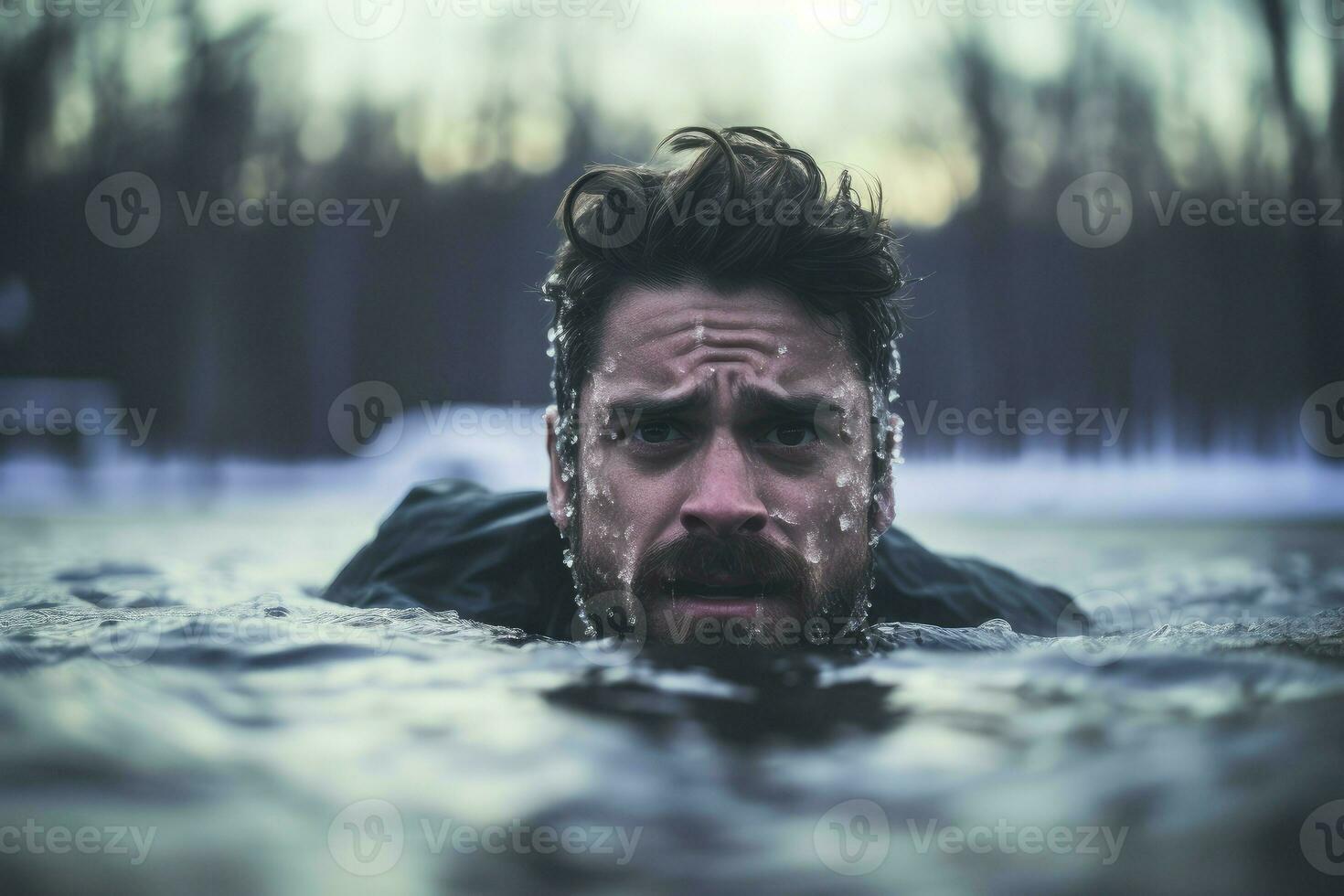 Man immersing in icy water on winter day. Generate Ai photo