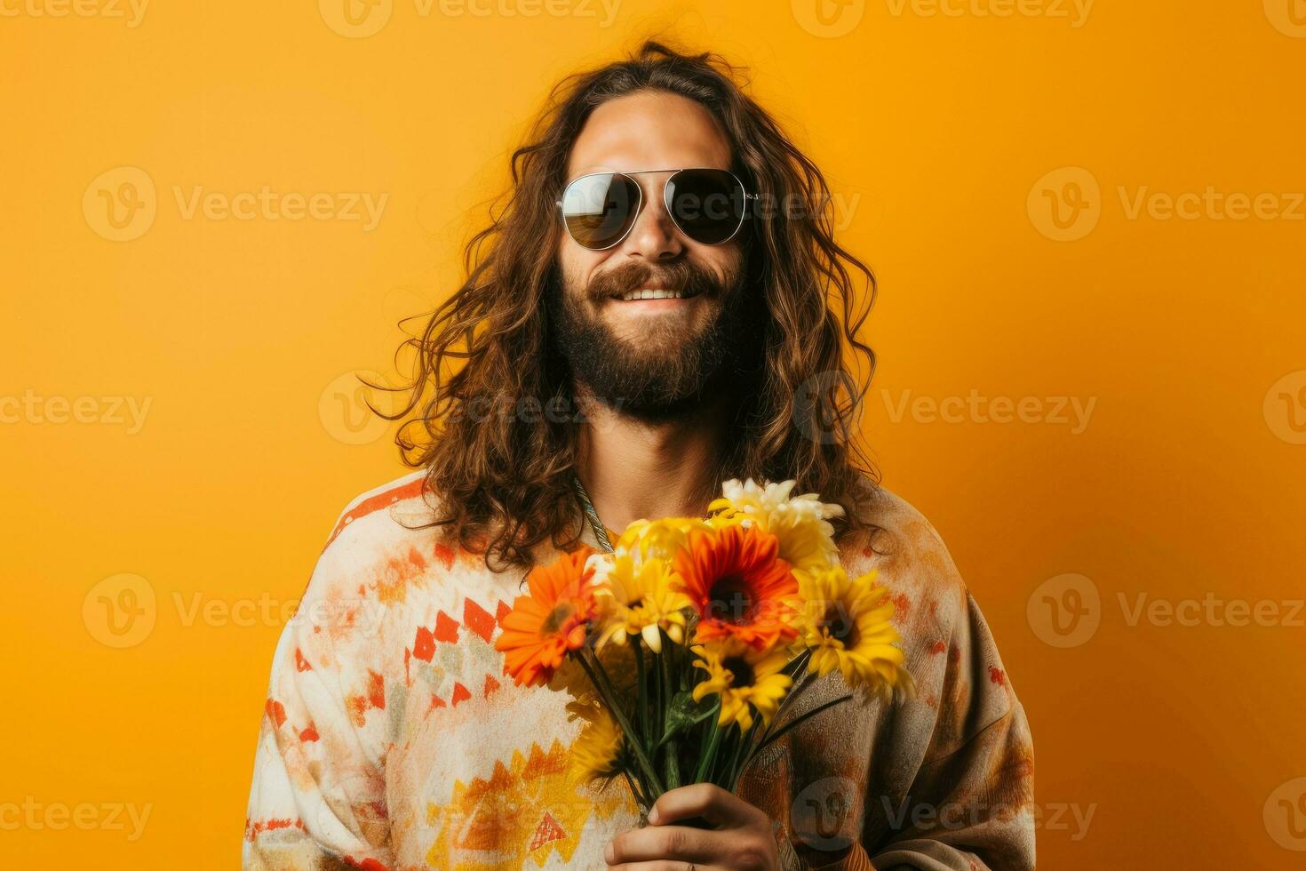 Hippie man smiling with bouquet of colorful flowers. Generate AI photo