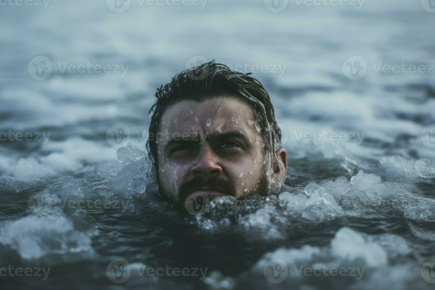 hombre inmersión en glacial extremo agua en invierno día. generar ai foto