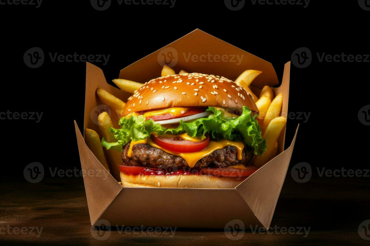 Insulating Tasty burger paper box with fries. Generate Ai photo