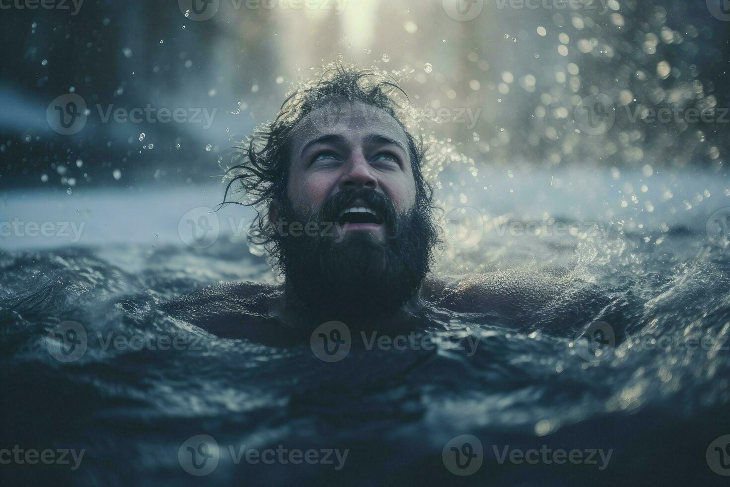 Man immersing in icy water and smiling on winter day. Generate Ai photo