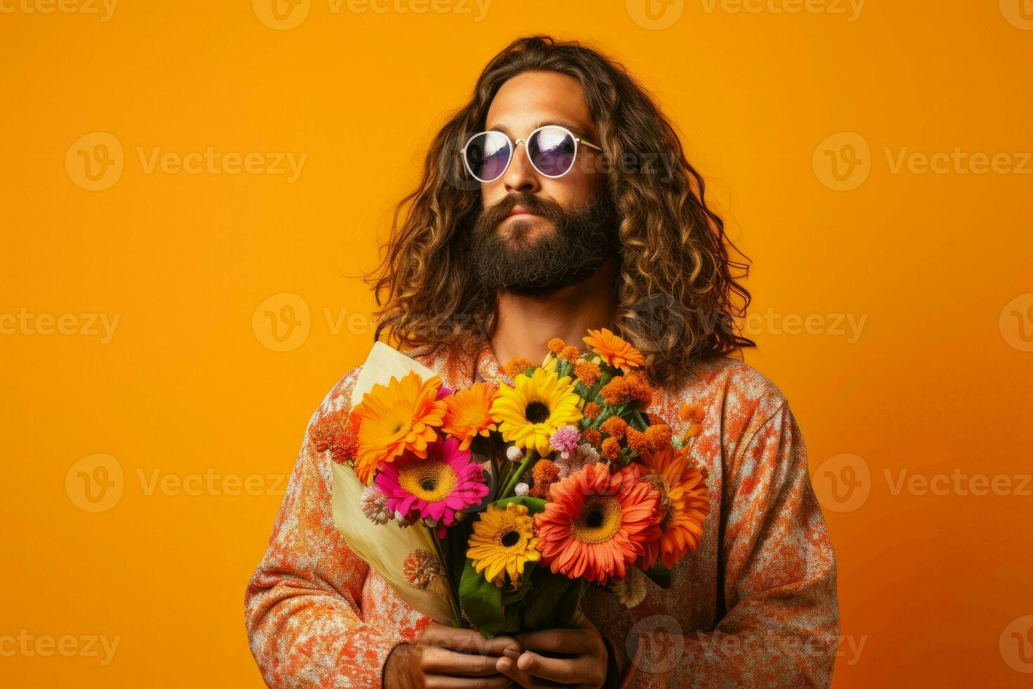 Hippie fashion man with bouquet of colorful flowers. Generate AI photo