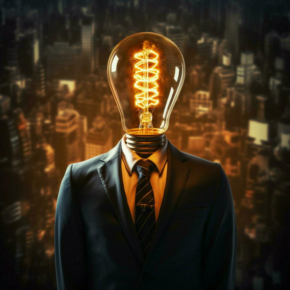 Idea gleams as businessmans lamp head shines with inspiration For Social Media Post Size AI Generated photo