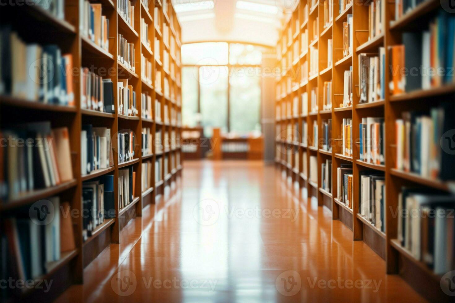 Public library interior with blurred bookshelves, suitable for backdrop use AI Generated photo