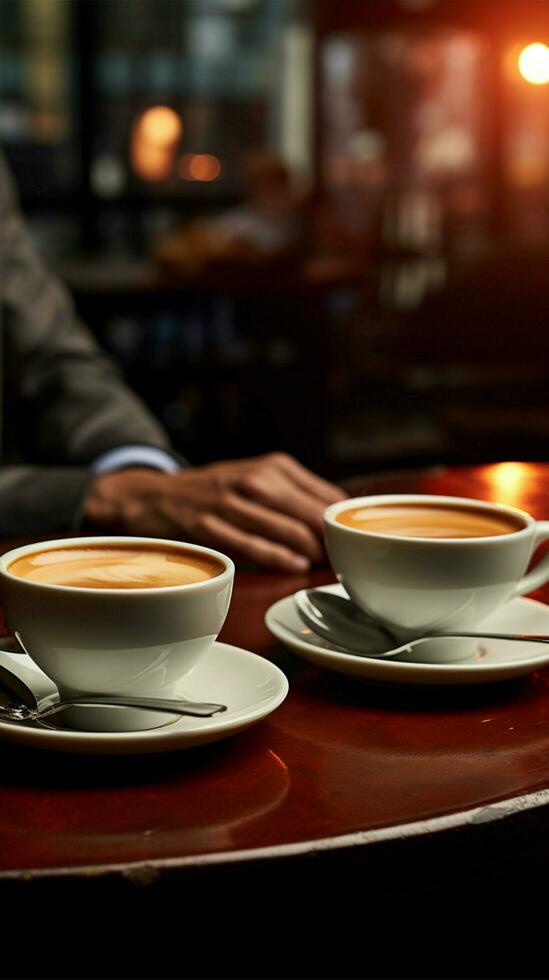 taza de caliente café con platillo en mesa, empresario sentado vertical móvil fondo de pantalla ai generado foto