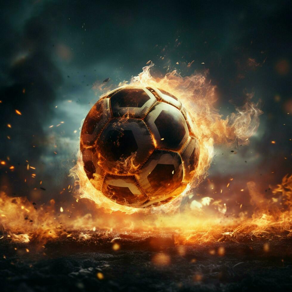 futbolistas fuego, un poderoso patada propulsa el pelota en un estadio para social medios de comunicación enviar Talla ai generado foto