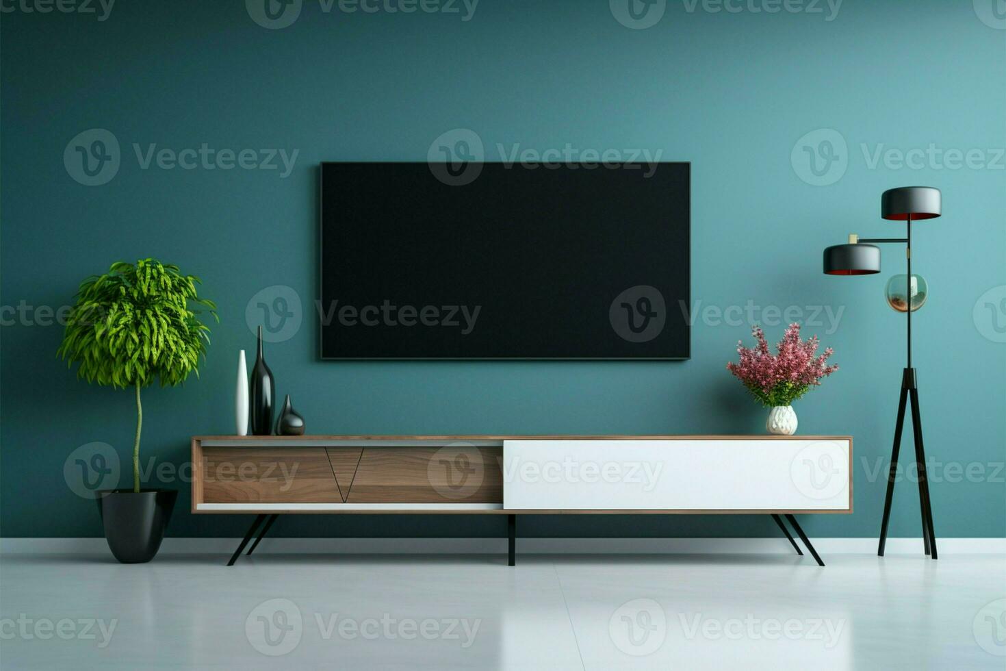 Television rests on a cabinet within a modern blue walled room AI Generated photo