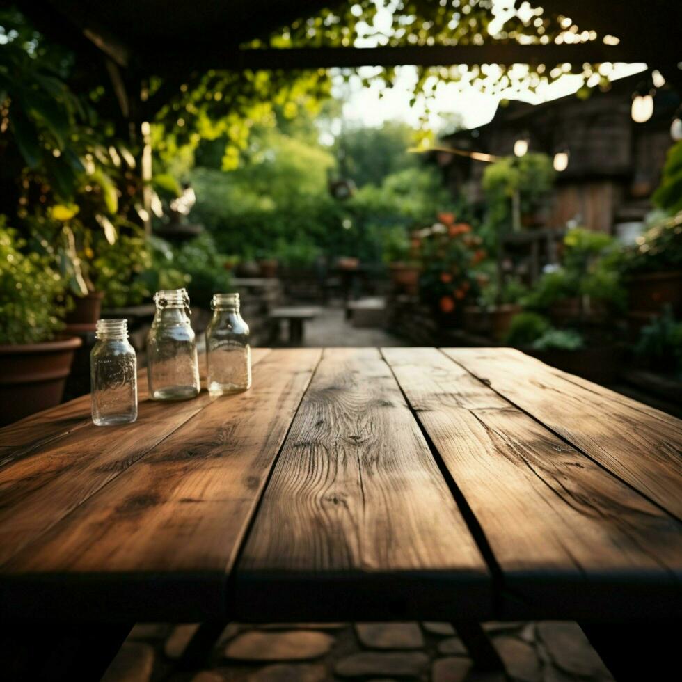 Rustic presentation space Empty wooden table offers park setting for product montages For Social Media Post Size AI Generated photo