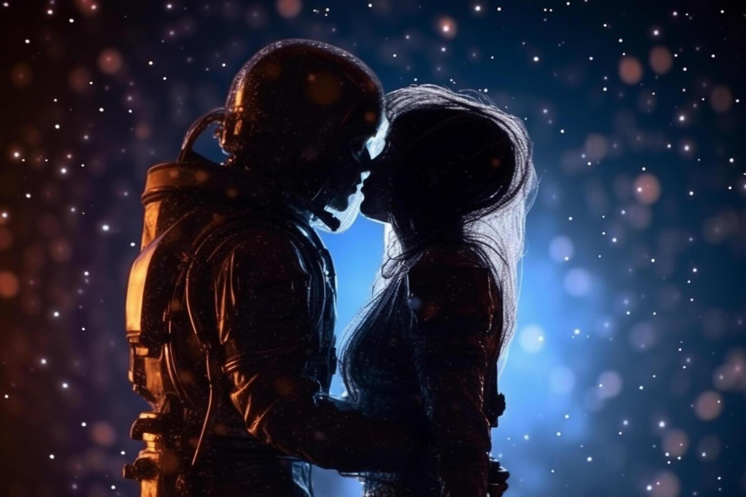 Astronaut kissing his girlfriend in the moonlight. Space background. photo
