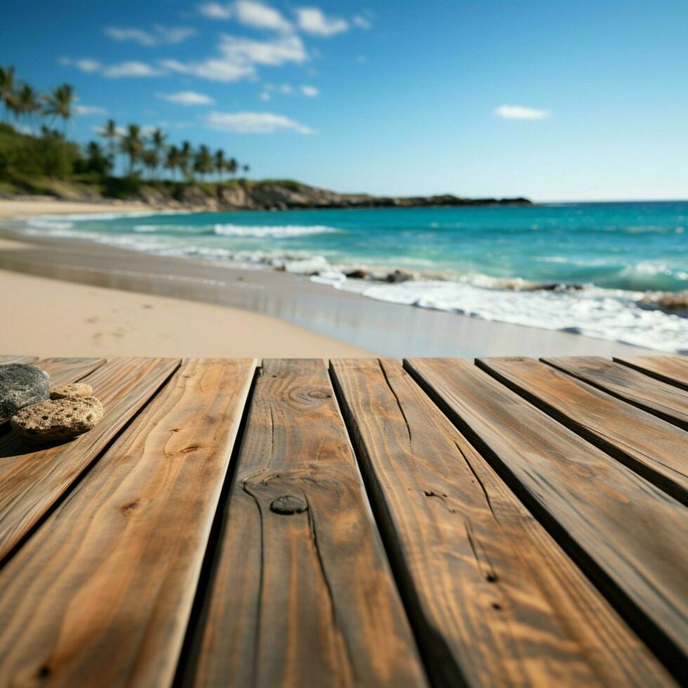 Seaside showcase Blurred beach backdrop complements wood deck for product displays For Social Media Post Size AI Generated photo