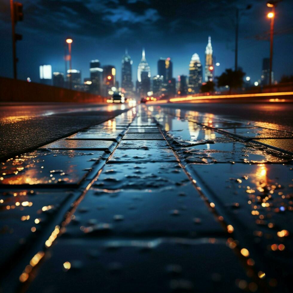 Nocturnal journey Side view asphalt road under city lights in the night For Social Media Post Size AI Generated photo