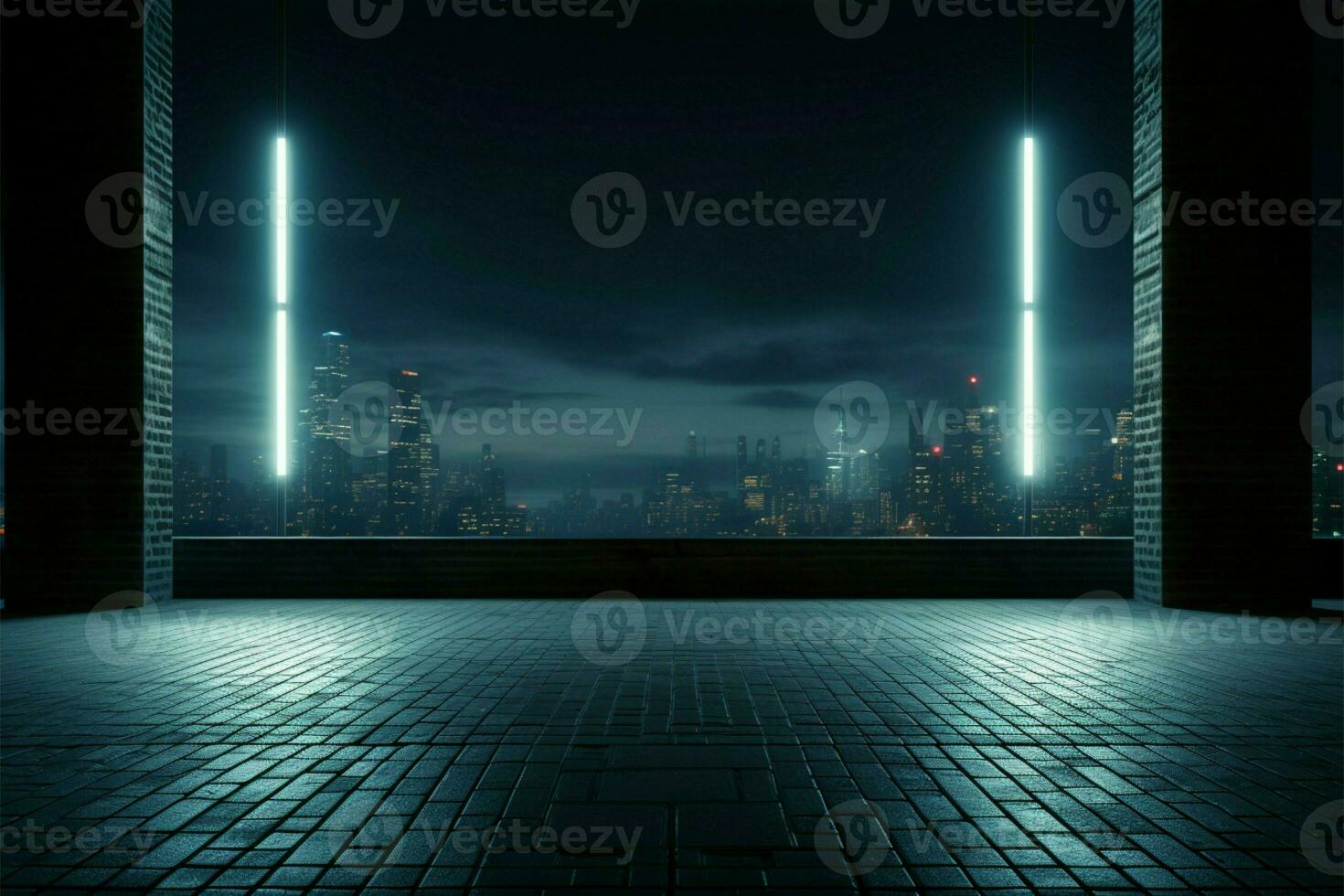 Empty cityscape 3D illustration featuring brick wall and floor at night AI Generated photo