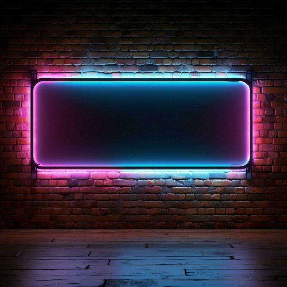 Abstract concept Neon sign banner with copy space on brick wall For Social Media Post Size AI Generated photo