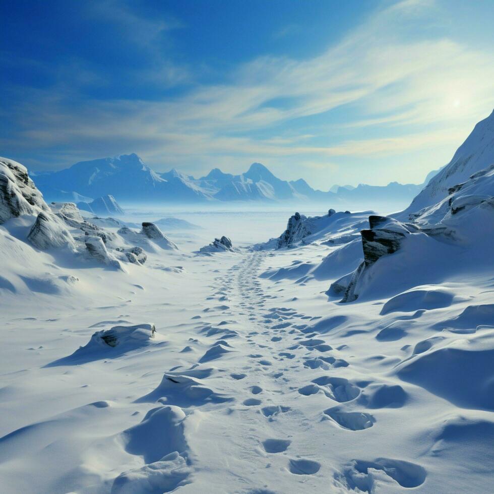 Wintry trek Footprints ascend hill as humans venture through snow covered landscape For Social Media Post Size AI Generated photo