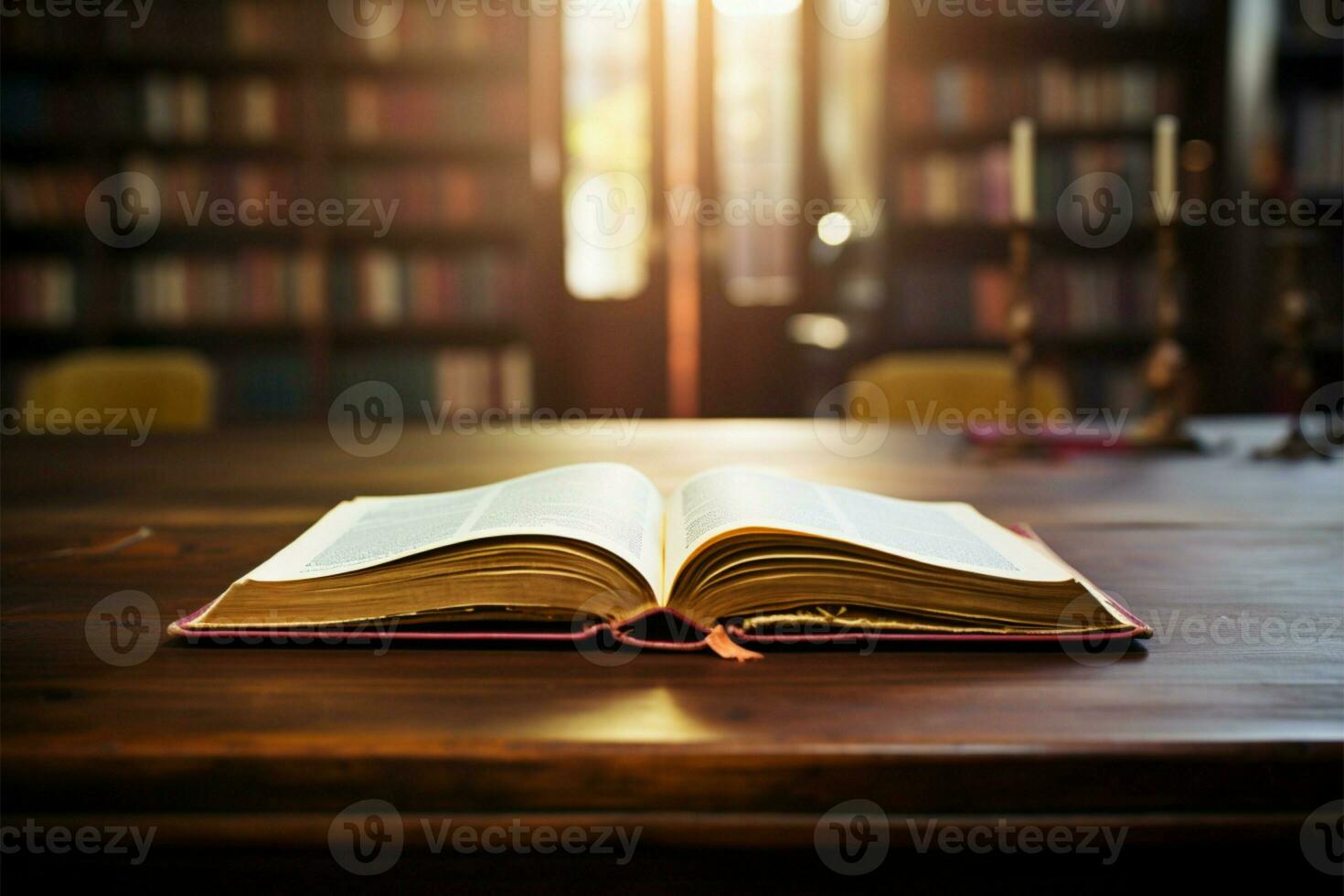 Table of books A book open on a librarys wooden table AI Generated photo