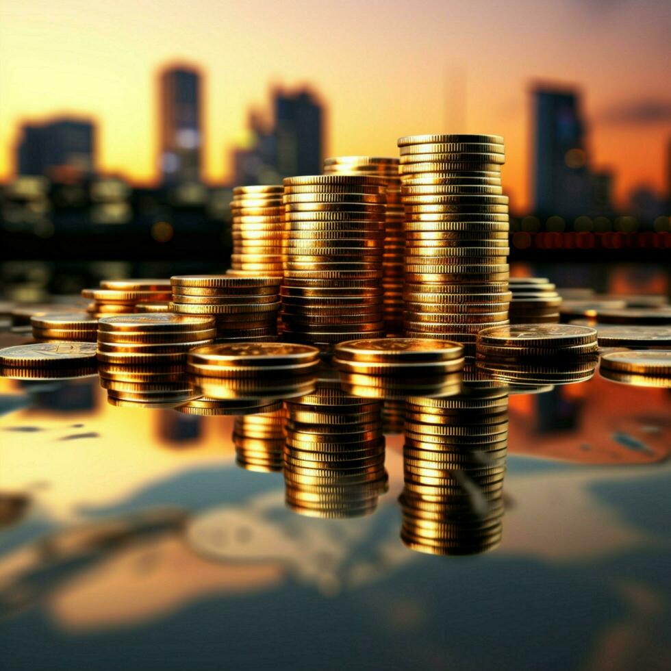 Coin stacks tower like skyscrapers, reflecting sunrise on financial prosperity For Social Media Post Size AI Generated photo