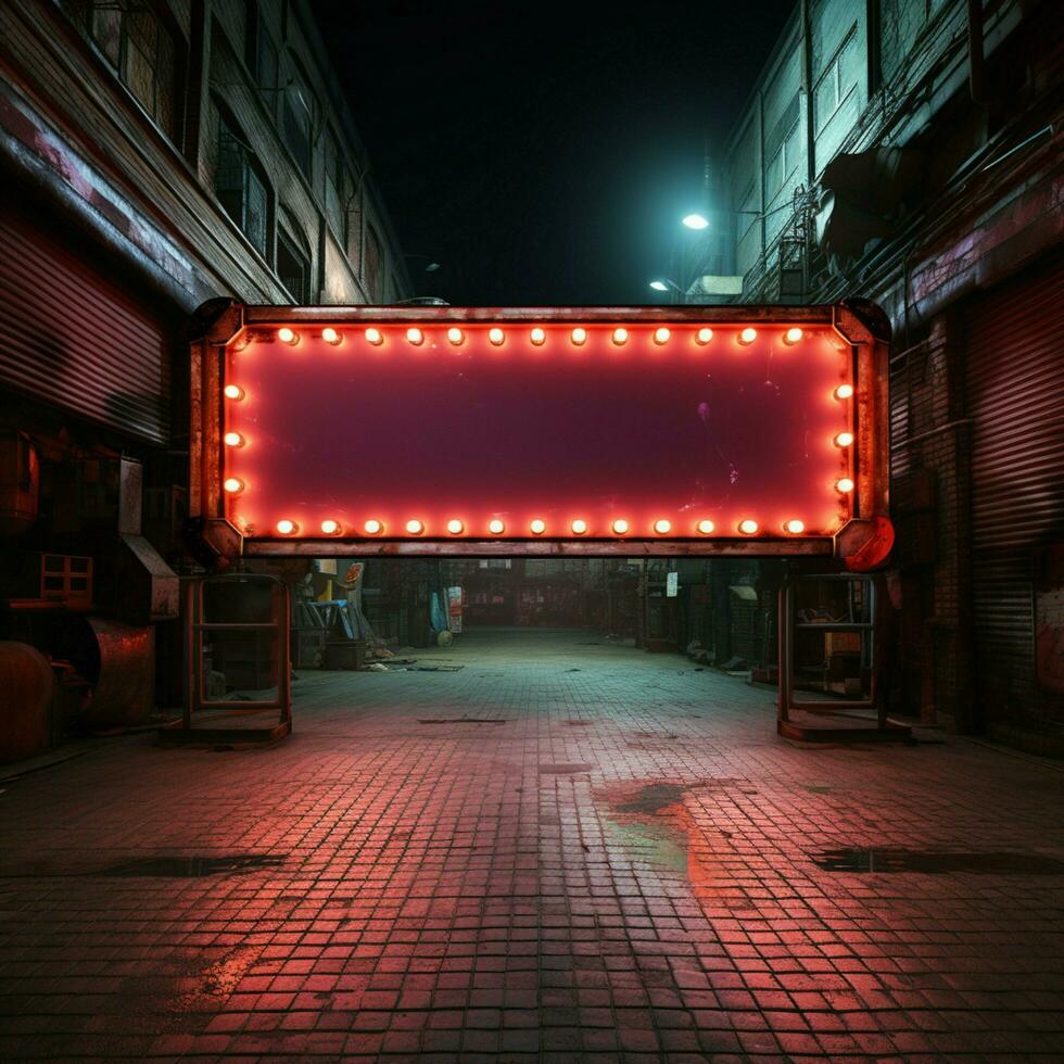 Empty long billboard sign framed in neon on a vintage brick wall For Social Media Post Size AI Generated photo