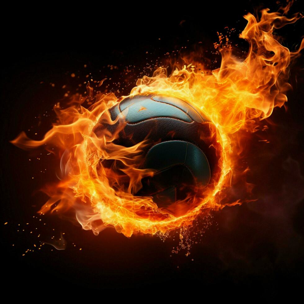 Intense imagery, Fireball against black backdrop captures volleyballs passionate energy For Social Media Post Size AI Generated photo