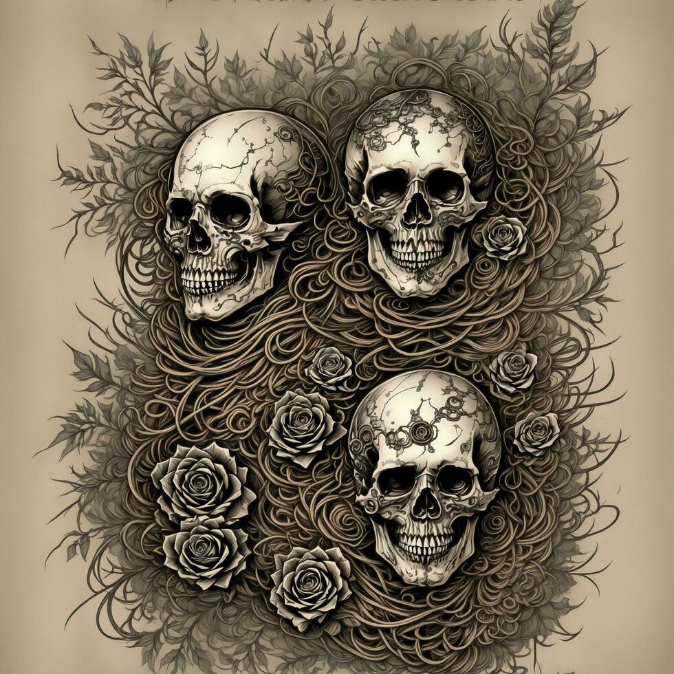 Steampunk skull and rose illustration Ai Generative photo