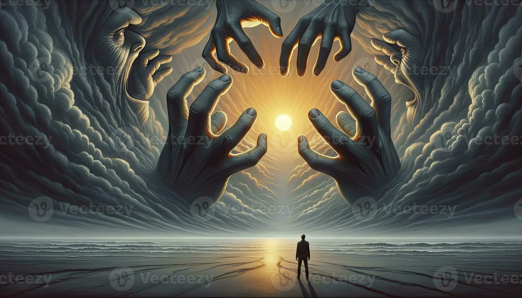 A storm-filled sky with immense hands reaching for a distant sun, as a lone man observes with astonishment and apprehension. AI Generated photo