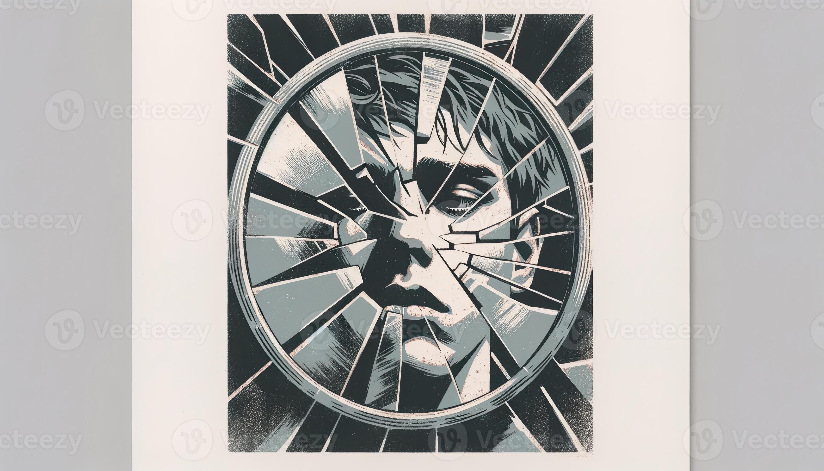 A broken mirror reflecting fragmented glimpses of a person's face