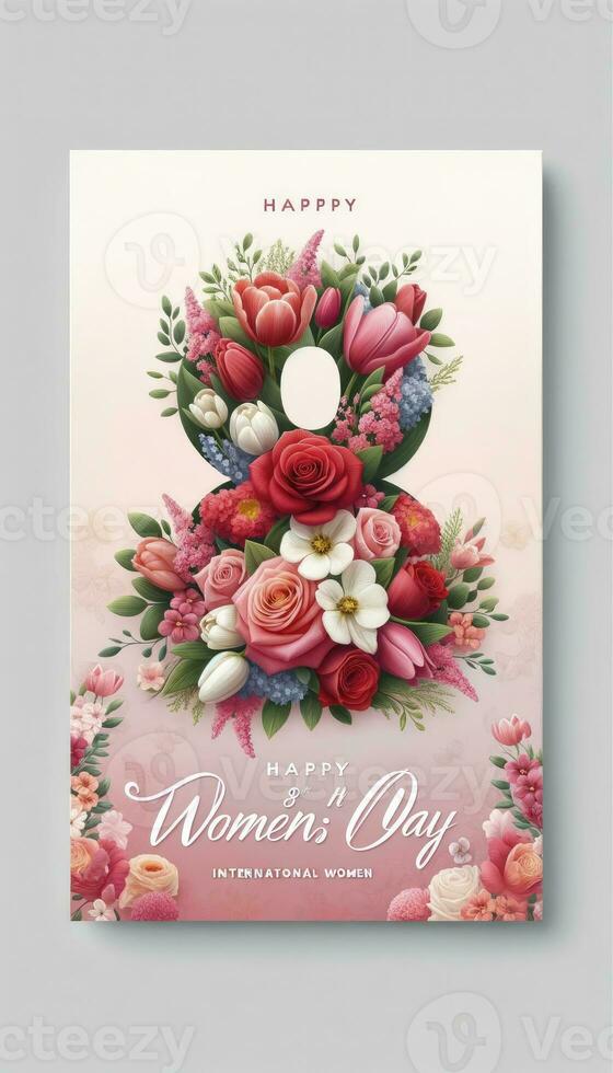 A design featuring a bouquet of spring flowers arranged in the shape of the number '8', set against a pastel gradient with subtle floral patterns and elegant calligraphy. AI Generative photo