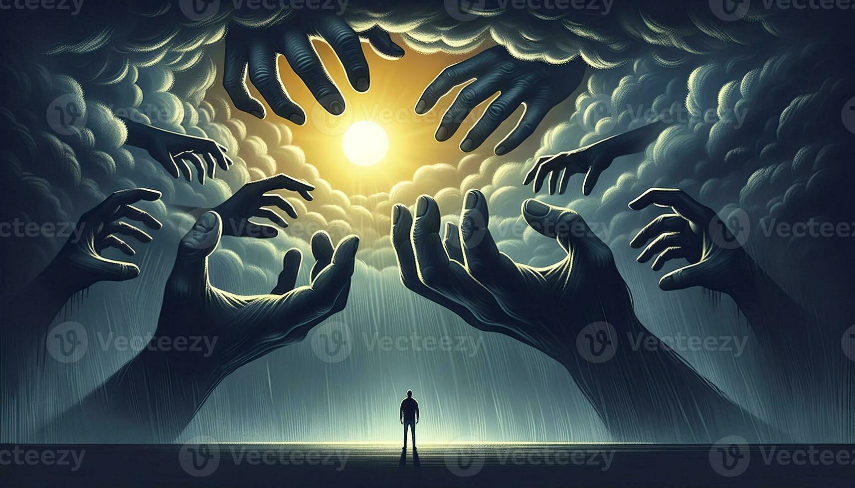 A dark and stormy sky with enormous hands reaching out towards a small, glowing sun, while a lone individual stands below, symbolizing hope and perseverance. AI Generated photo
