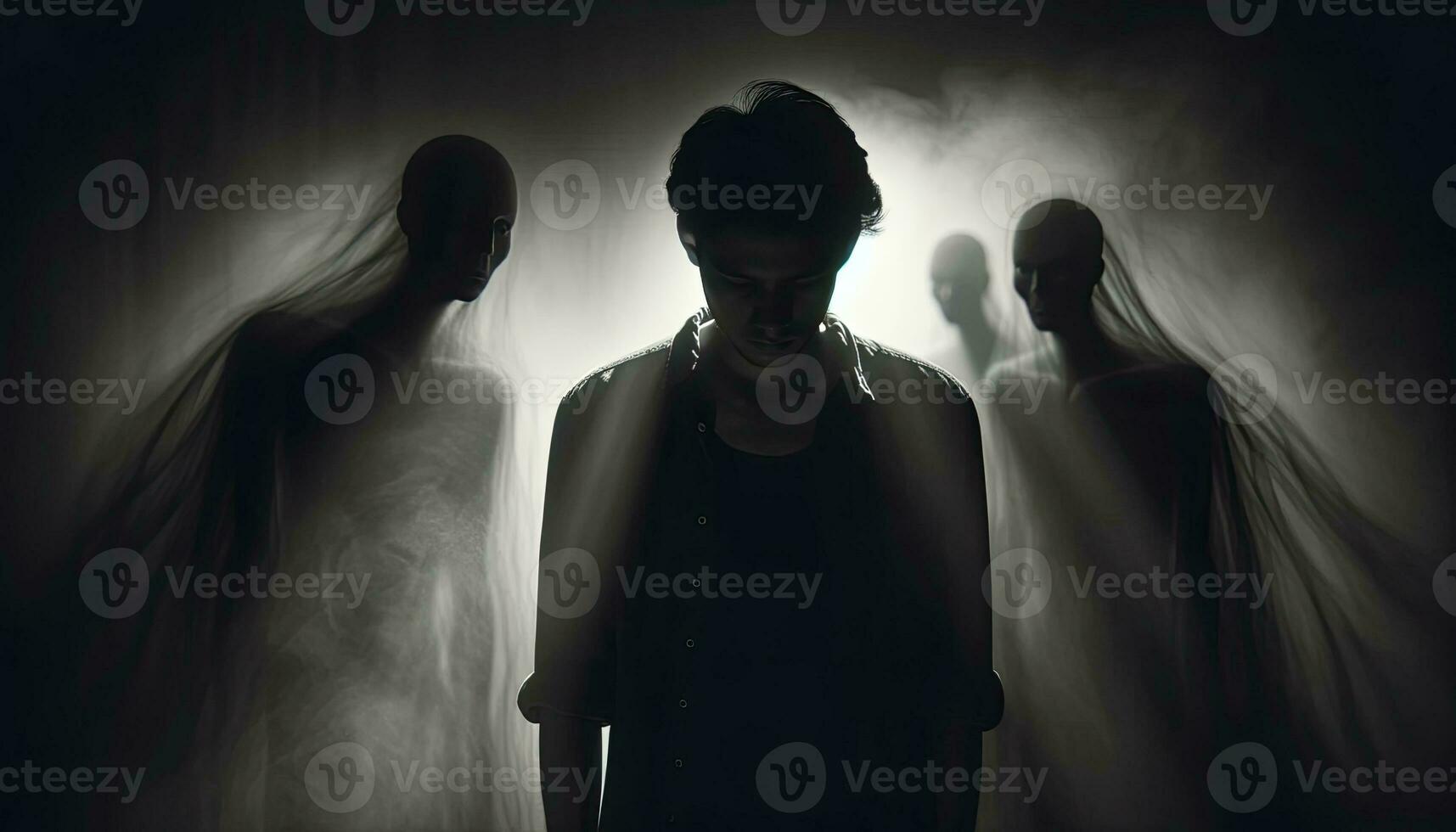 A photo of a person standing alone in a dimly lit room, surrounded by looming shadowy figures, emphasizing the emotional weight of the scene. AI Generated