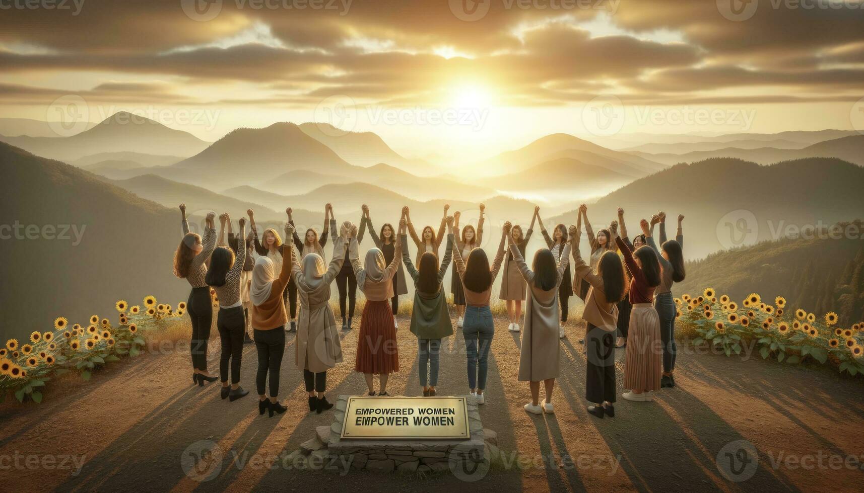 A diverse group of women united on a mountaintop, with the sunrise casting a golden hue in the background. A plaque in the foreground reinforces the message of women's empowerment. AI Generative photo