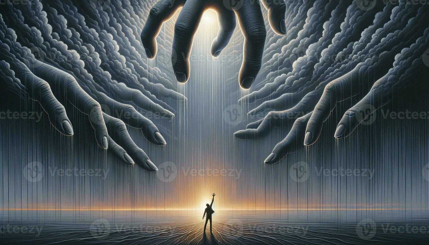 A man reaching up towards the dwindling light of a setting sun, with large, ethereal hands extending from a stormy sky above him. AI Generated photo