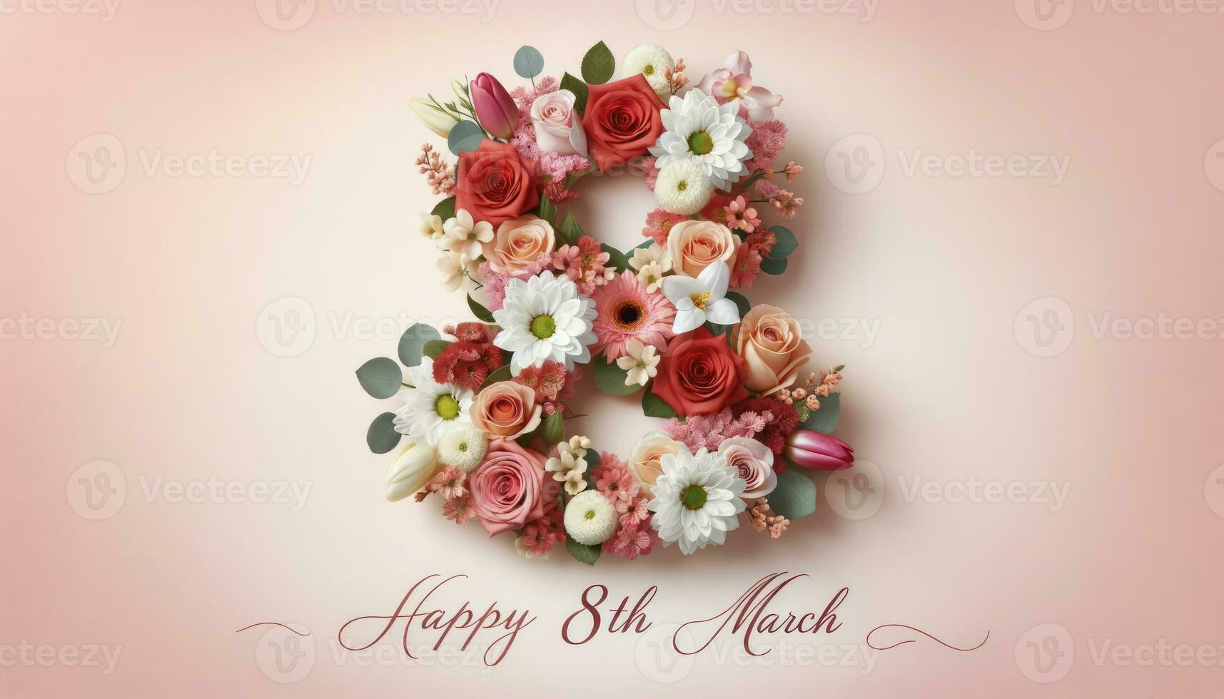 A floral arrangement in the shape of the number '8', set against a pastel background with a delicate calligraphy text celebrating the day. AI Generative photo