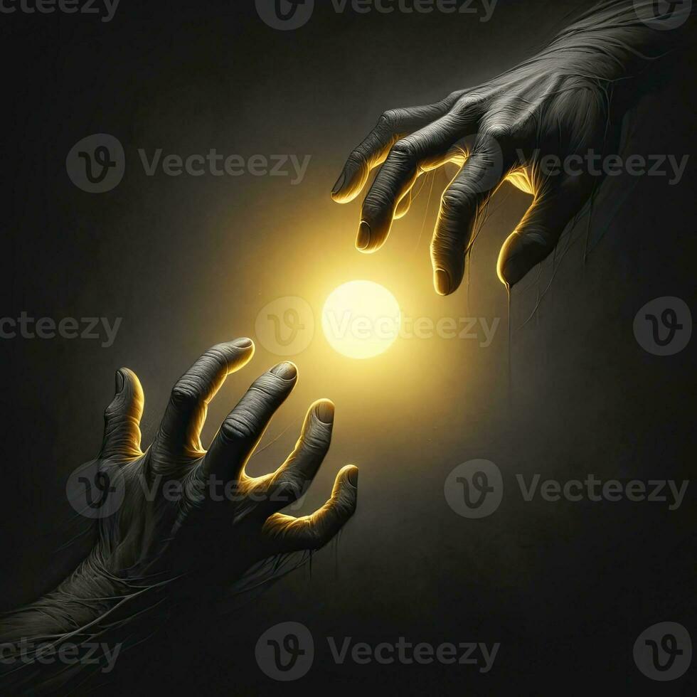 A photo interpretation of hands reaching out from darkness towards a glowing yellow light. AI Generated