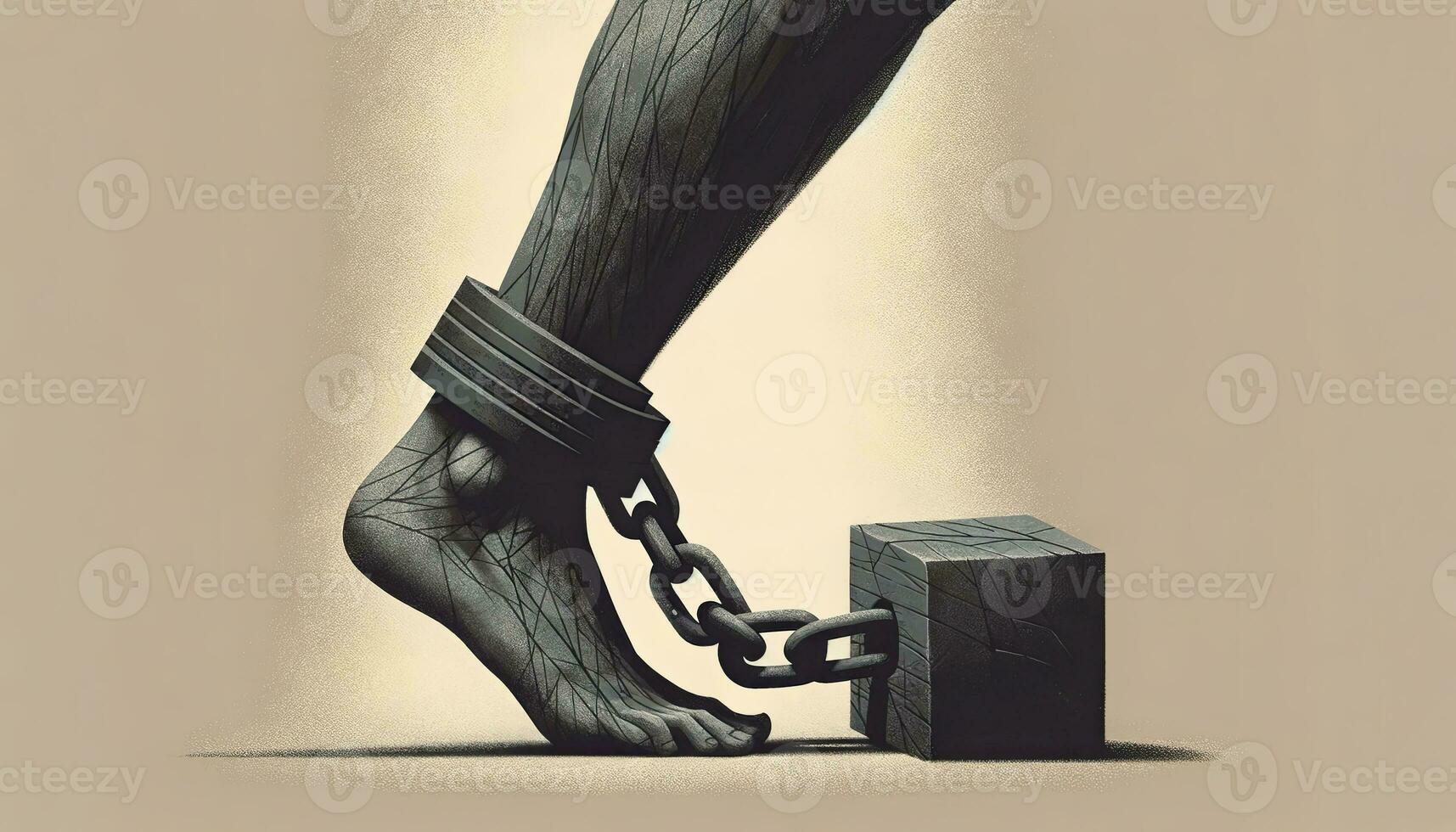 An artistic representation of an individual in a muted beige environment, tethered by a thick chain to an anchor, symbolizing the overwhelming burden of depression. AI Generated photo