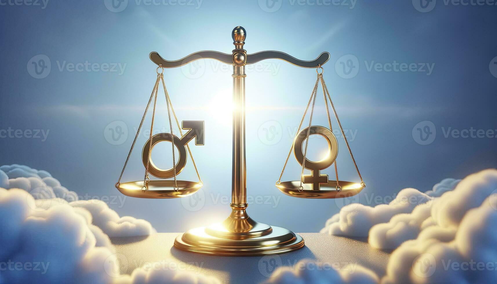 A balance scale in equilibrium with male and female symbols, set against a serene blue background, symbolizing harmony and equal value. photo