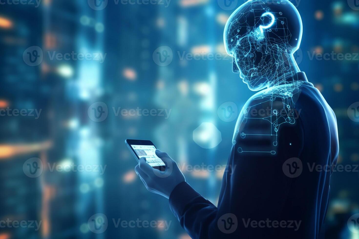 3d rendering humanoid robot with glowing lights in background, future technology concept photo