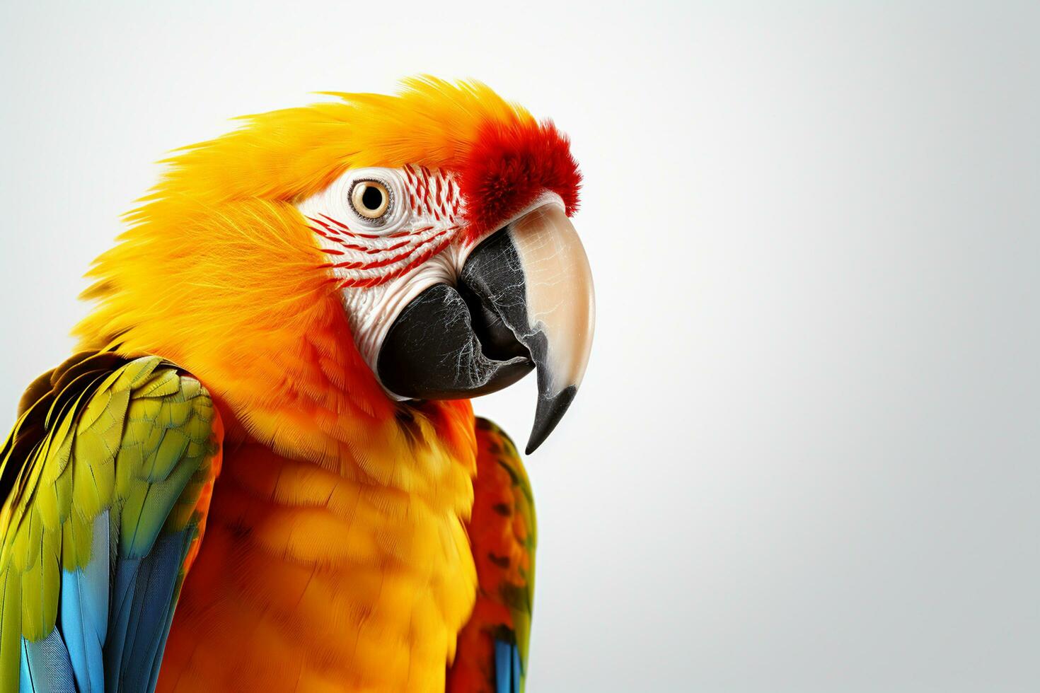 Beautiful colorful parrot isolated on blue background with copy space. Ai Generated photo