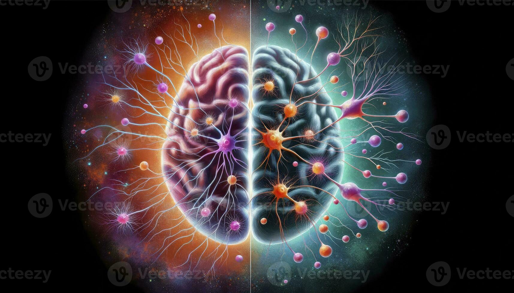 A magnified view of human brain neurons contrasting healthy brain activity with the effects of depression, emphasizing the complexities of mental health. AI Generative photo