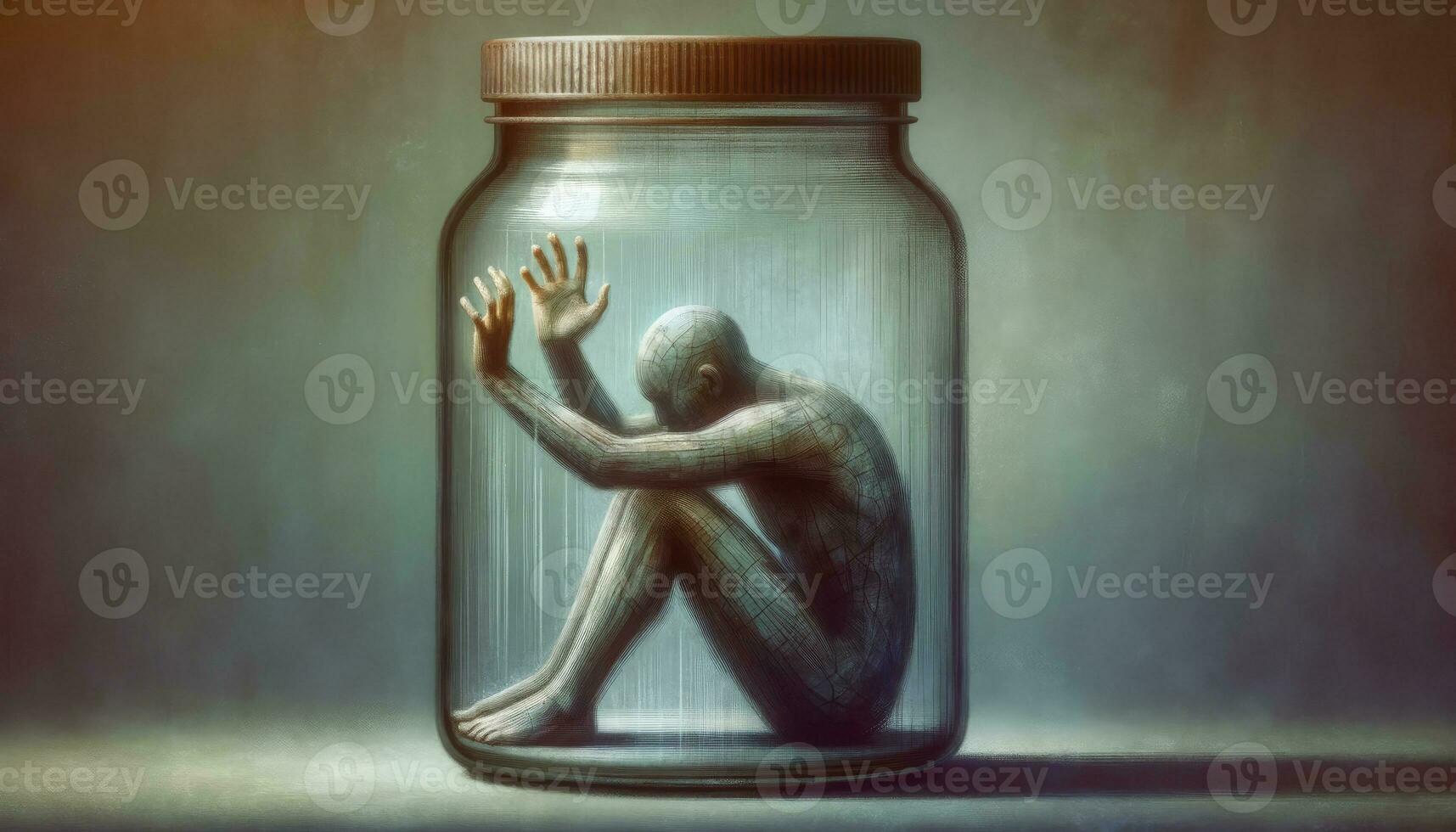 An artwork showcasing a figure trapped inside a glass jar, trying to reach out, representing the feeling of confinement and the weight of depression. AI Generative photo