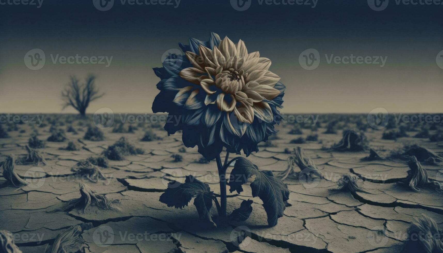 A wilting flower in a desolate environment, symbolizing the stark disparity between hope and desolation. AI Generated photo