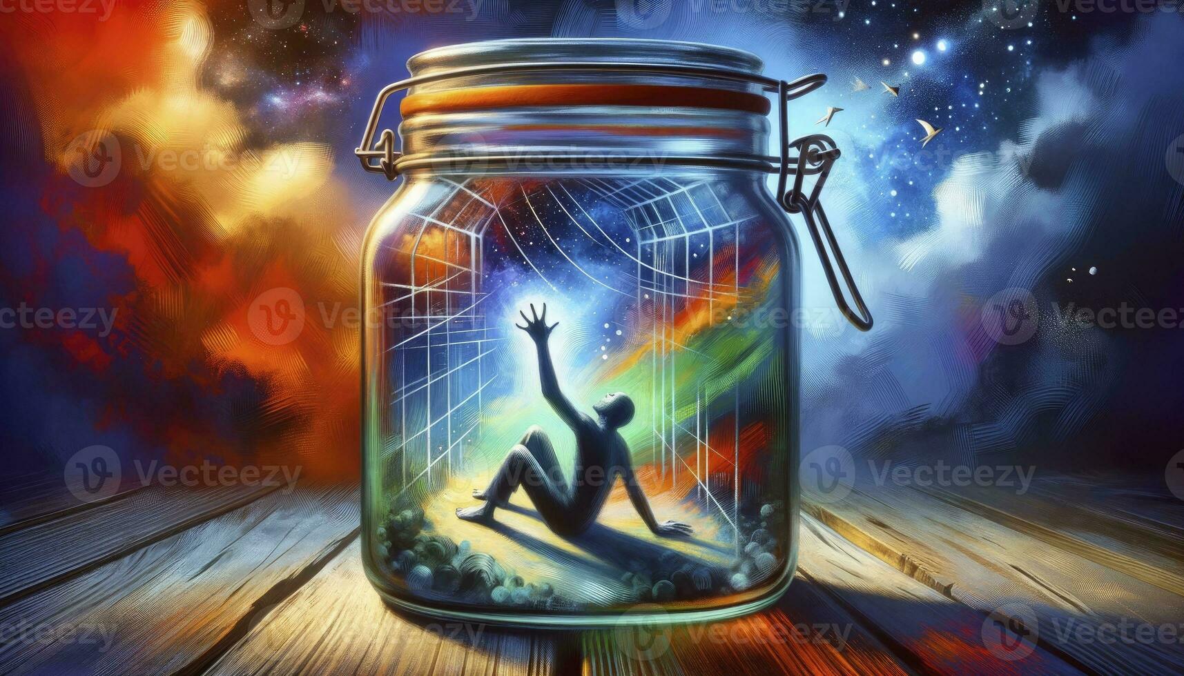 An artwork depicting a person feeling isolated and trapped, emphasized by their confinement within a glass jar while the vibrant world lies outside. AI Generative photo