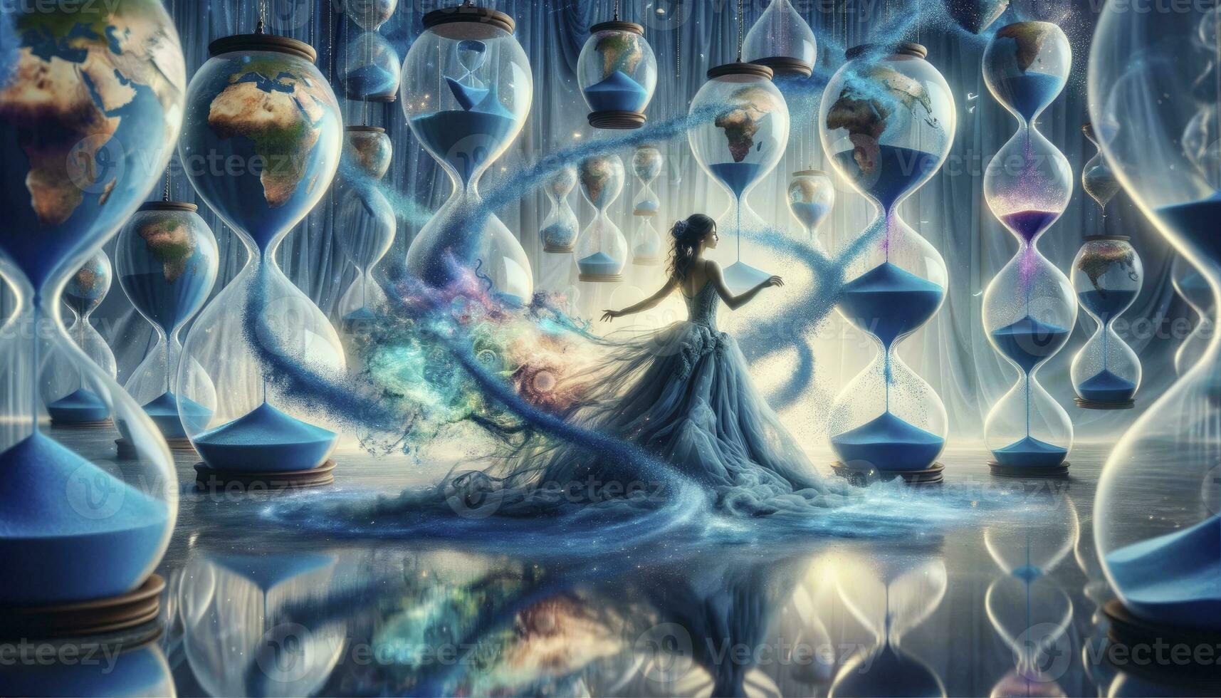 A dreamlike environment depicting a woman dancing amidst a whirlwind of blue hourglasses, releasing vibrant world maps that blend into the air. AI Generative photo