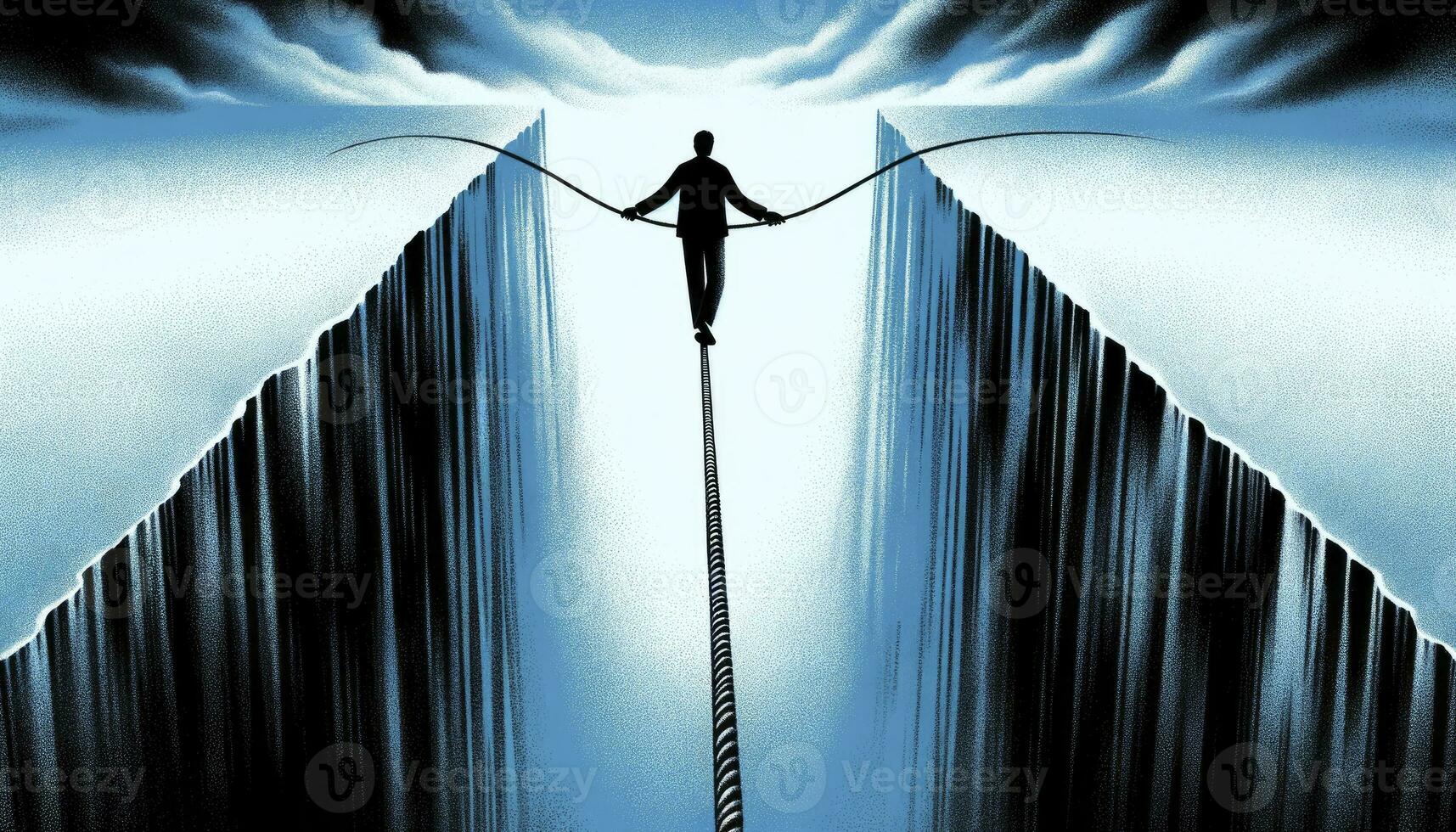 An artwork depicting a tightrope walker balancing precariously, representing the challenges of navigating mental health and the precarious nature of depression. AI Generated photo